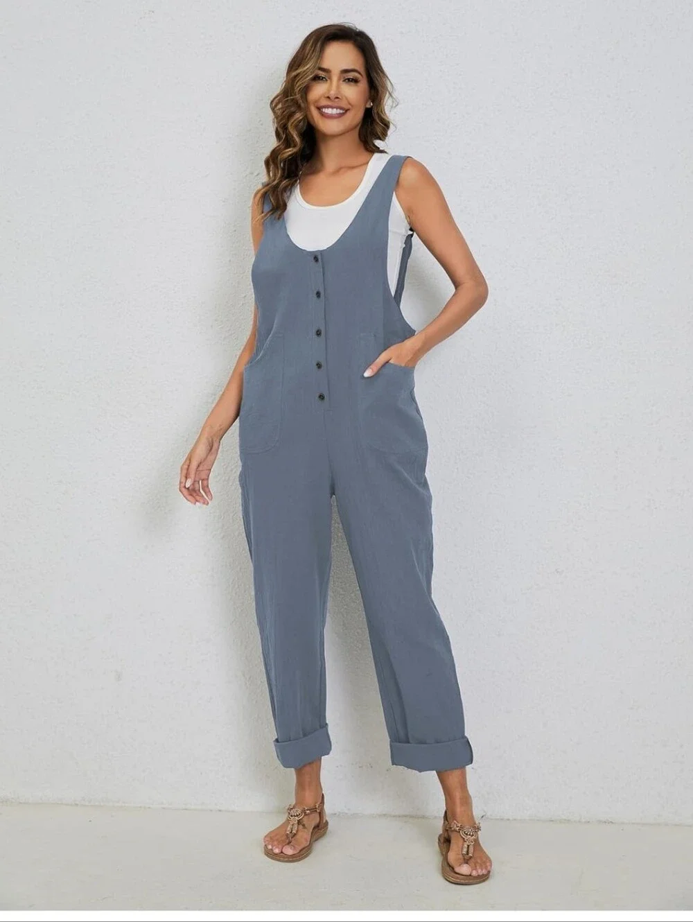NWT Viral Amazon Free People Inspired Large Linen Overalls Jumpsuit Buttons Blue - Picture 1 of 9